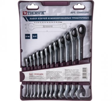 Фотография товара 'Thorvik CRWS12PR Набор ключей гаечных комбинированных трещоточных 8-19 мм'